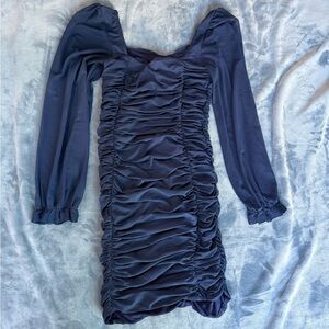 Elegant Long Sleeve Ruched Dress in Deep Blue